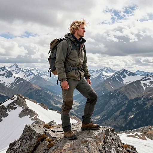 Photograph of a blonde, Caucasian man with a backpack, standing on a rocky mountain peak, gazing at snowy, cloud-covered mountains.