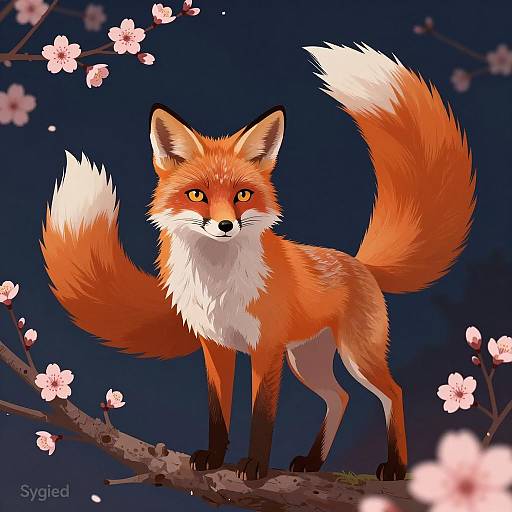 Digital Illustration of Multi-Tailed Fox on Cherry Blossom Branch