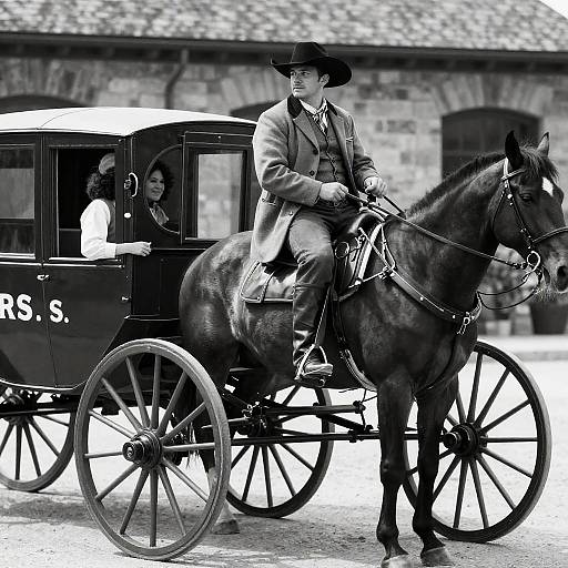 Black-and-White Cowboy on Horse-Drawn Stagecoach