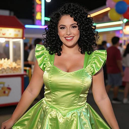 Photograph of a smiling woman with curly black hair, wearing a shiny, green, square-neck dress with ruffled shoulders, at a colorful, vibrant