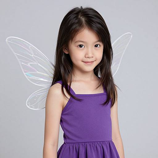 Photograph of an Asian girl with long black hair, wearing a purple dress, standing against a white background with white fairy wings.