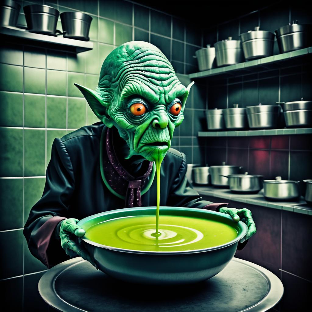 Demented Alien in Soup Queue Scene