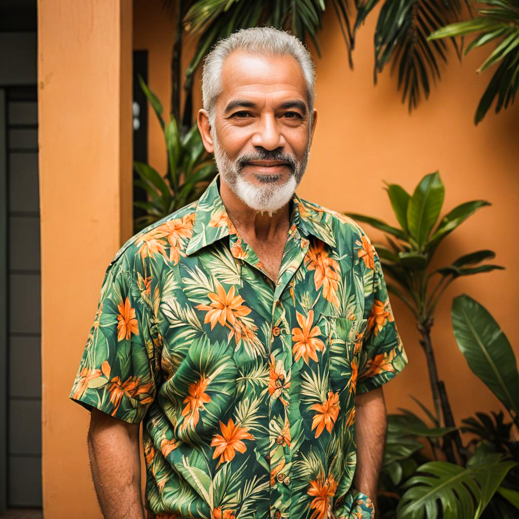 Amused Older Man in Tropical Outfit