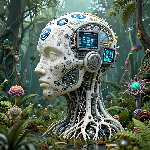 Digital artwork of a futuristic, cybernetic head with intricate circuitry, embedded screens, and botanical designs, standing in a lush, alien forest.