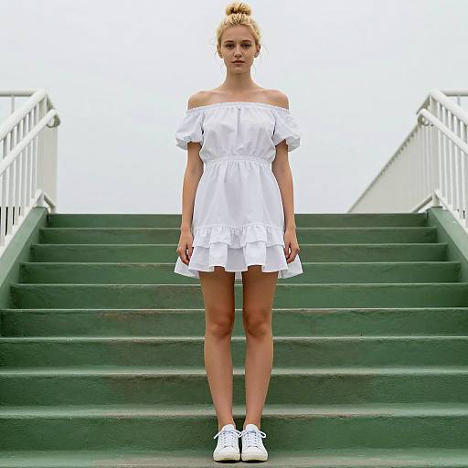Blonde Woman on Green Stairs in Dress