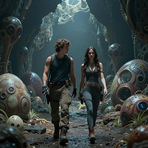 Two People Exploring Alien Cave with Organic Eggs