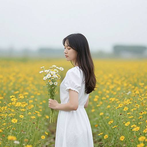 Photograph of an Asian woman with long black hair, wearing a white dress, standing in a vibrant yellow wildflower field, holding a bouquet of white