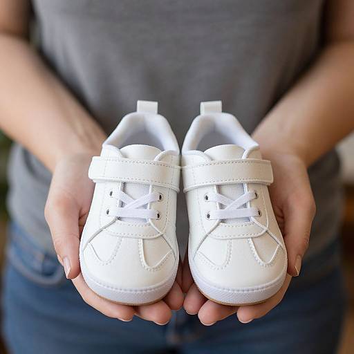 Photograph of a person in a gray shirt holding white baby shoes with white laces, hands gently cradling the shoes.