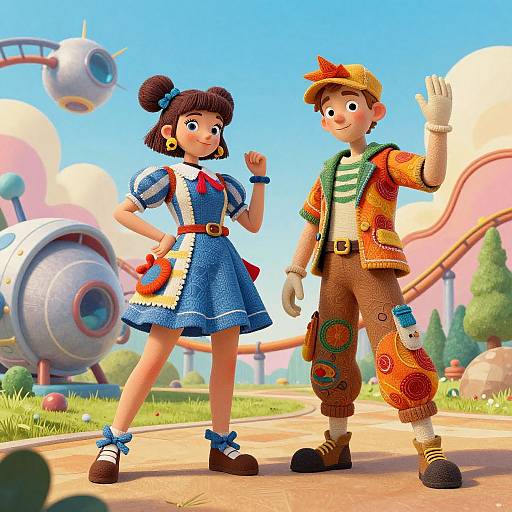 Bright CGI image of a cute girl in a blue dress and a boy in colorful pants and vest, waving, in a whimsical, retro-fut