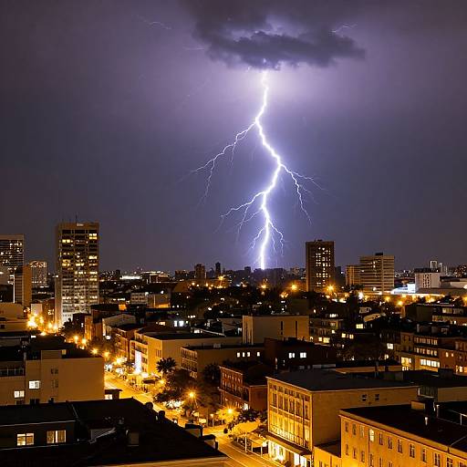 Photograph of a cityscape at night with a bright, vertical lightning bolt striking the sky, illuminating buildings and streets below.