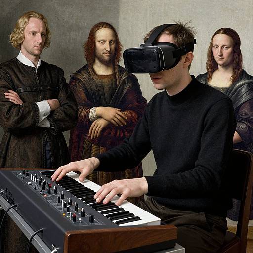 Digital art: Renaissance-style portrait with a man in virtual reality headset playing a keyboard, surrounded by three men in period clothing.