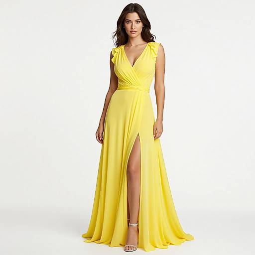 Photograph of a woman with dark wavy hair wearing a floor-length, bright yellow, V-neck gown with a thigh-high slit and sleeveless design