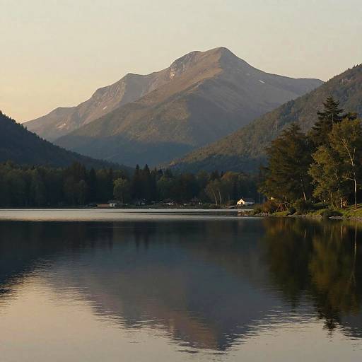 Photograph of a serene lake with calm water reflecting a mountainous forest landscape at sunset, featuring a small white house on the shore.