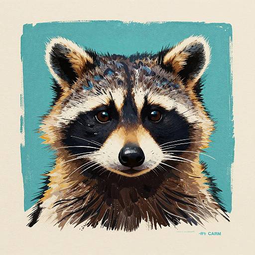 Digital illustration of a raccoon with detailed fur texture, vibrant colors, and piercing eyes against a bold turquoise background. Artist: M.C. Carr.