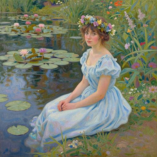 Impressionist Young Woman by Lily Pond