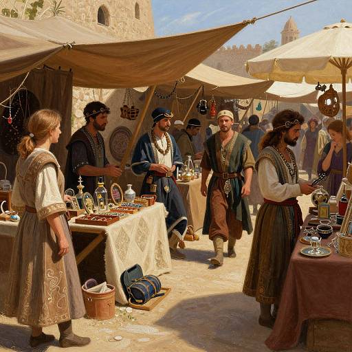 Medieval marketplace scene: Men in dark tunics, headscarves, and belts, discussing glassware and pottery under beige tents, with a young