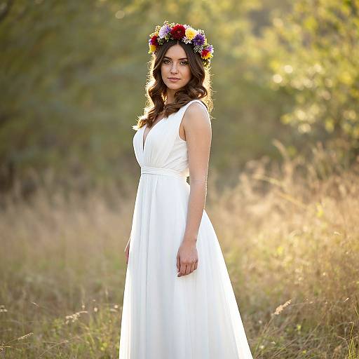 Photograph of a young woman with wavy brown hair, wearing a white sleeveless dress and a colorful flower crown, standing in a sunlit,