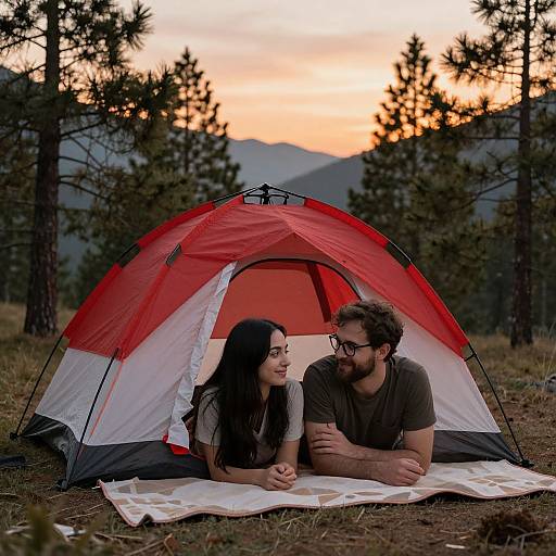 Photograph of a couple lying in front of a red and white camping tent at sunset, surrounded by pine trees and mountains.