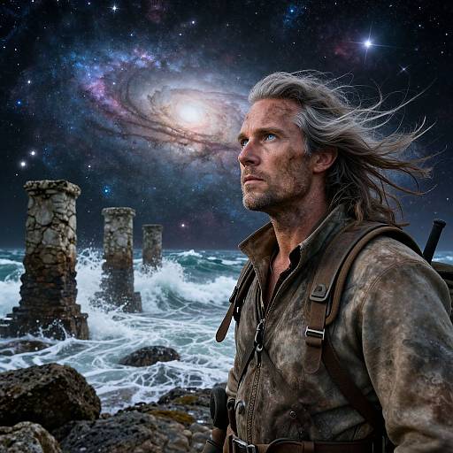 Digital art: rugged, grey-haired man in worn leather vest, ocean waves crashing, stone pillars, starry night sky, glowing galaxy in background.