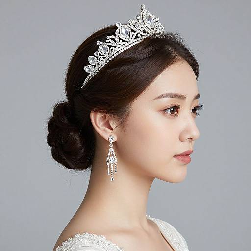 Photograph of an Asian woman with fair skin, dark hair in a bun, wearing a silver tiara and matching dangling earrings, white lace dress,