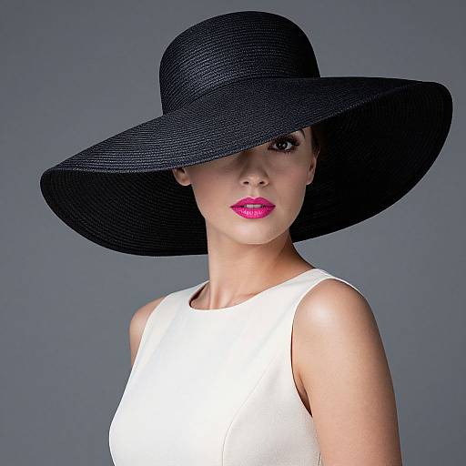 Photograph of a woman with fair skin, bright pink lipstick, wearing a white sleeveless dress and large black wide-brimmed hat, against a