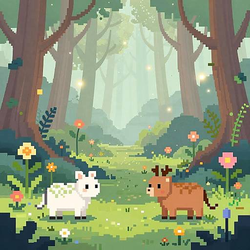 Pixel art forest scene with a white pixel sheep and a brown pixel deer standing among colorful flowers and lush greenery, bathed in sunlight filtering through tall