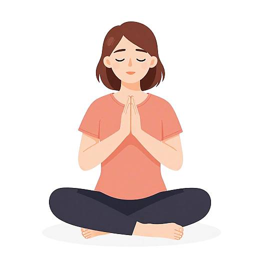 Digital illustration of a brown-haired woman in a pink shirt and black pants, sitting cross-legged with hands in prayer position, meditating against a white background