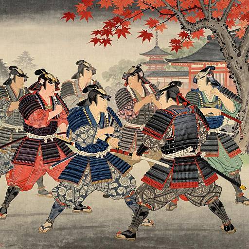 Vibrant Samurai Battle in Ukiyo-e Style