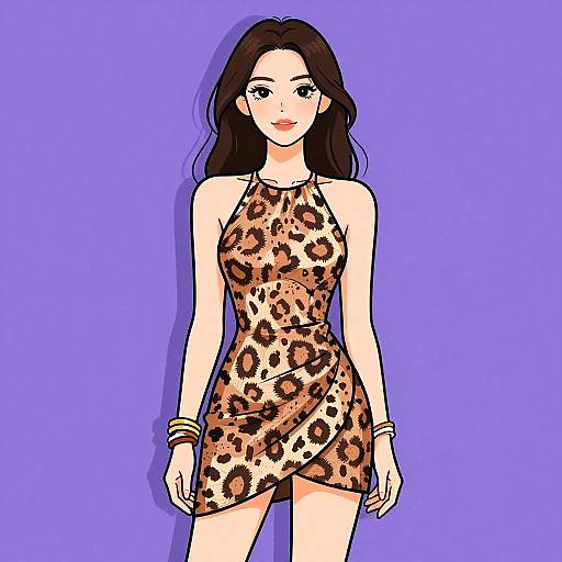 Digital illustration of a beautiful woman with long dark hair, wearing a sleeveless, leopard-print mini dress, and gold bracelets, against a solid purple background