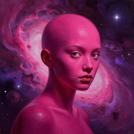 Digital artwork of a bald, pink-skinned, androgynous figure with an ethereal, swirling cosmic background in vibrant purples and pinks