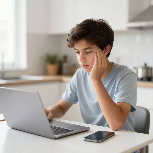 Photograph of a young boy with short dark hair, wearing a light blue t-shirt, sitting at a white table, hand on cheek, focused on