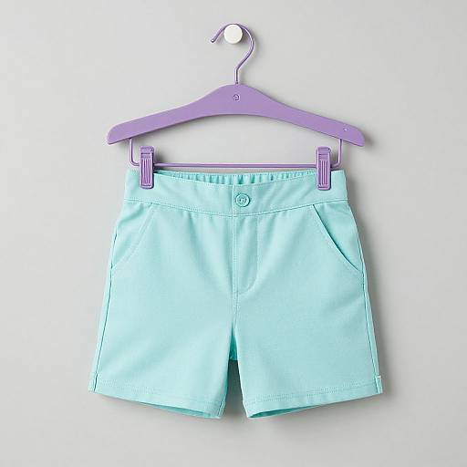 Photograph of light blue children's shorts with button closure, hanging on a purple hanger against a white background.
