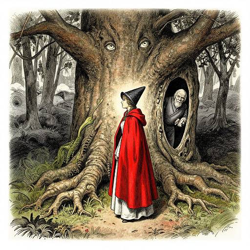 Illustration of Little Red Riding Hood standing before a large, gnarled tree with an eye and a wolf's face in the hollow. Red cloak