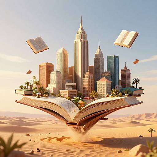 Digital illustration of an open book floating above a desert, with flying pages and skyscrapers rising from the sand, under a bright blue sky.