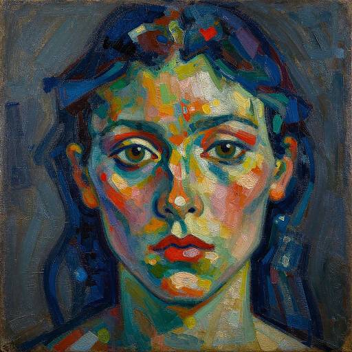 Vibrant, expressive oil painting of a young woman with large, dark eyes, colorful abstract face, and dark hair against a dark background.