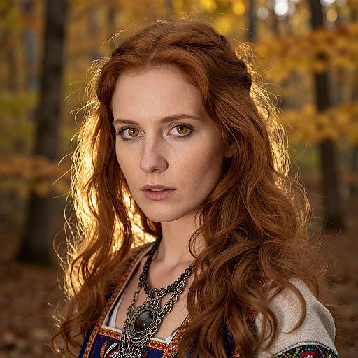 Photograph of a fair-skinned, red-haired woman with wavy hair, wearing a detailed necklace and patterned top, standing in a sunlit