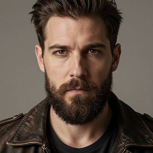 Photograph of a rugged, bearded man with dark brown hair, intense green eyes, wearing a black shirt and brown leather jacket, against a plain