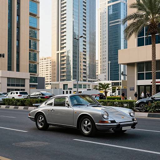 Photograph of a silver classic Porsche driving on a city street with modern high-rise buildings, palm tree, and parked cars in the background. Bright daylight
