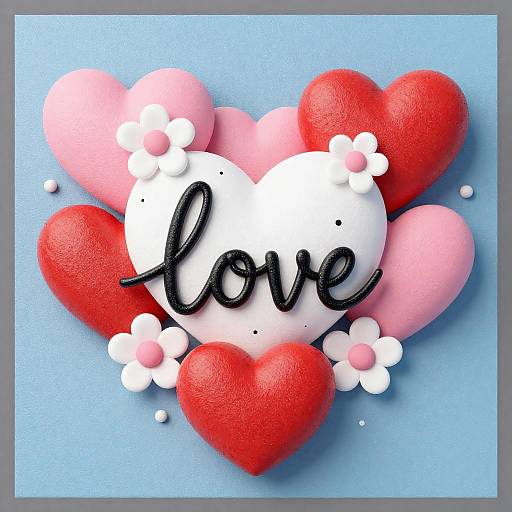 Glittery 3D Hearts with Cursive Love