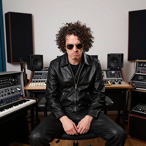 Photograph of a curly-haired man in black leather jacket, sunglasses, and black pants, sitting in a music studio with equipment.