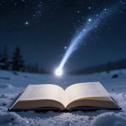 Photograph of an open book emitting a bright white light, with a shooting star streaking through a starry, snowy night sky.