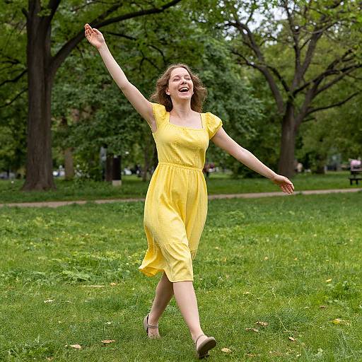 Photograph of a joyful woman in a bright yellow dress, mid-stride, arm raised, laughing in a lush, green park.