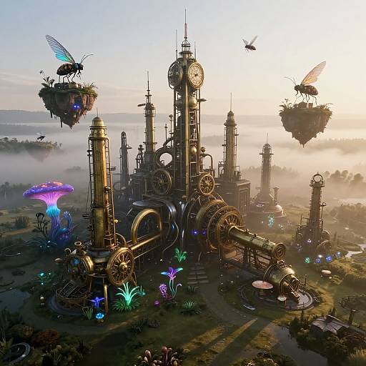 Fantasy steampunk clock tower surrounded by glowing mushrooms, floating islands, and insects, set in a misty, magical landscape at sunset.