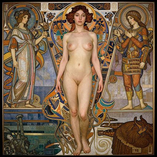Art Nouveau-style painting featuring a nude, fair-skinned woman with curly brown hair centered between two clothed, haloed figures, surrounded by intricate