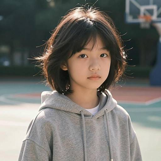 Photograph of an Asian teenage boy with straight black hair, wearing a gray hoodie, standing on a sunlit outdoor basketball court.