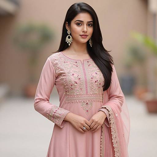 Photograph of a beautiful Indian woman with long black hair, wearing a pink embroidered kurti and large gold earrings, standing outdoors with a blurred background