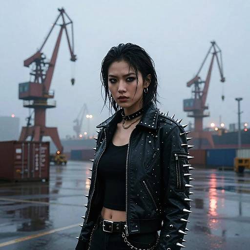 Fierce Punk Woman at Industrial Shipyard