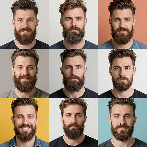 Photograph of nine male bearded portraits with varying hairstyles, expressions, and backgrounds in a 3x3 grid, showcasing different shades of white,
