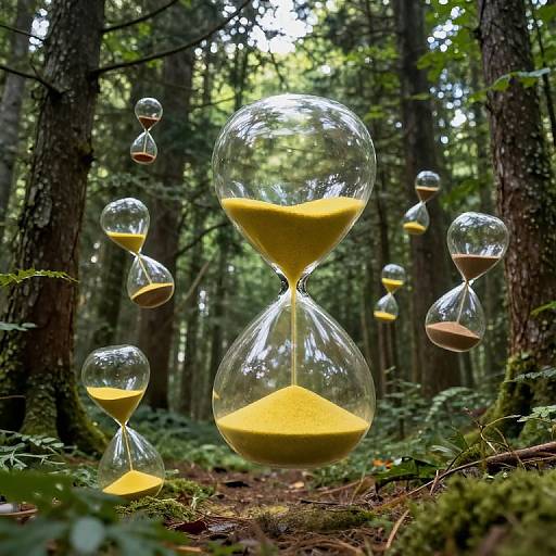 Photograph of surreal forest scene with multiple glass hourglasses, each filled with yellow sand, floating amidst dense, green trees.