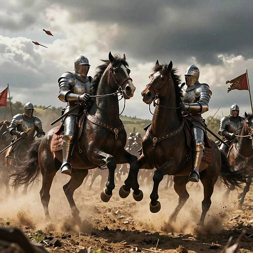 Photograph of medieval knights in silver armor riding dark brown horses, charging with raised swords, under a dramatic cloudy sky. Red banners wave in the background